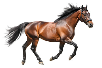 Fototapeta premium Powerful and graceful brown stallion with a flowing black mane stands against a white background