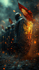 Roman legionary in segmented armor advancing on battlefield, sword and shield raised, dust and sunset, historical reenactment
