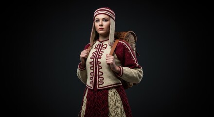 Fototapeta premium Woman Wearing Traditional Costume with Basket Backpack Against Dark Background
