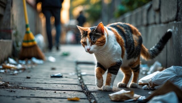 A cat that is eating remains vigilant to every person and cat to prevent its food from being taken.