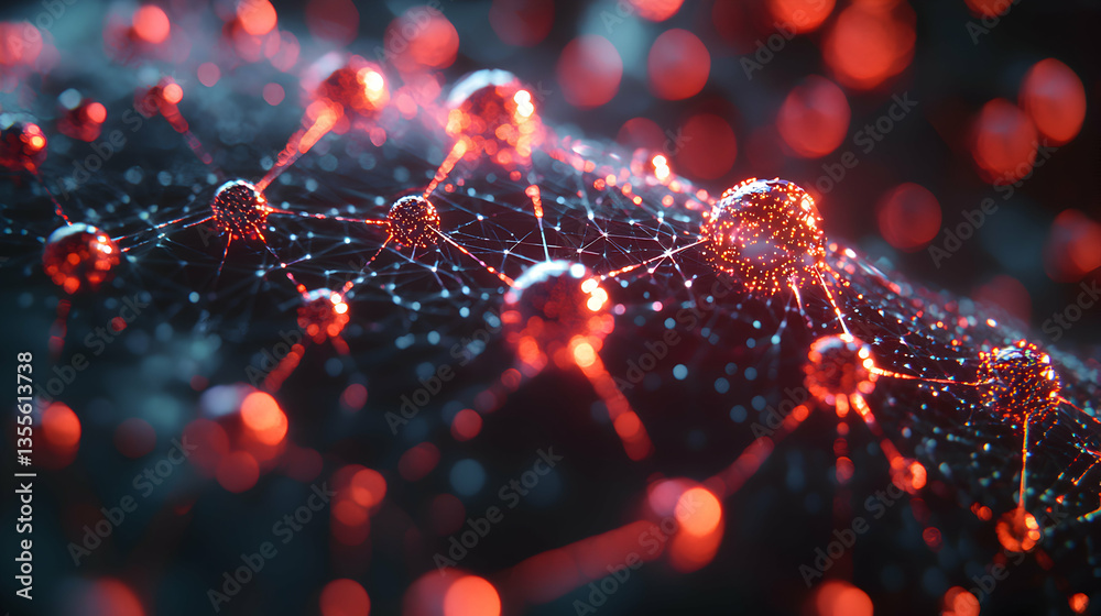 Wall mural abstract image of a network of interconnected spheres emitting red light. suggests data transmission