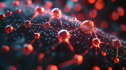 Abstract image of a network of interconnected spheres emitting red light. Suggests data transmission or biological processes. Ideal for tech presentations and scientific reports.