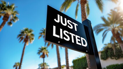 Fototapeta premium A black realtor sign featuring white letters promoting a new home listing.