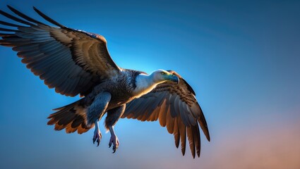 A Griffon Vulture glides gracefully across the sky, showcasing its remarkable wingspan and elegance. This enchanting moment embodies the splendor of wildlife.