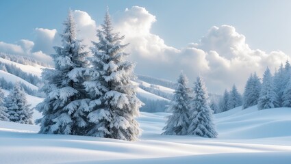 Naklejka premium A chilly winter landscape featuring snow-covered trees, soft snow drifts, and a blue sky. Ideal for design.