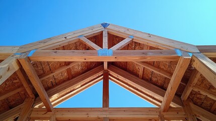 Fototapeta premium Wooden house framework under construction with exposed beams and trusses, set against a clear blue sky.
