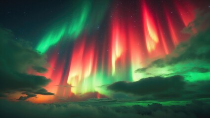 A stunning display of illuminates the nighttime sky with bright red and green shades. Dark clouds partially cover the glowing lights.