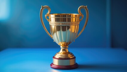 A golden trophy placed against a blue background, symbolizing success, achievement, and excellence.