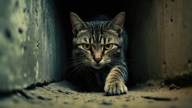 A close-up view of a stray cat with striking yellow eyes, creeping beneath a structure. The cat's intense gaze and outstretched paw evoke a feeling of curiosity and stealth.