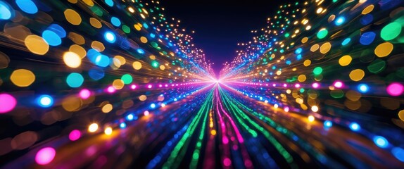 Fototapeta premium A long exposure image. Light painting photography featuring vibrant fairy lights in an out of focus bokeh effect with zoom pulling, set against a black background.