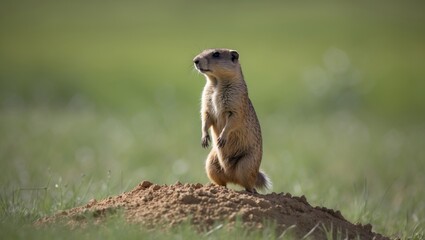Fototapeta premium A black-tailed prairie dog standing cautiously on top of its burrow.