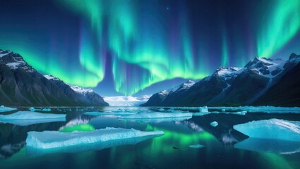 Naklejka premium A stunning view of glaciers and icebergs glowing under a magnificent aurora borealis in the night sky.