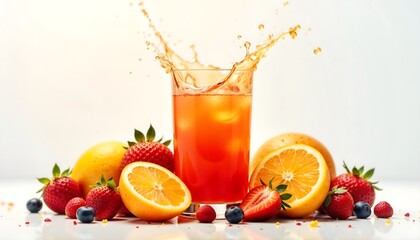 A vibrant glass of fresh fruit juice splashing, surrounded by oranges, strawberries, and berries.