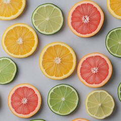 Fototapeta premium Fresh Citrus Fruit Slices: A Colorful and Juicy Background for Healthy Recipes and Refreshing Beverages