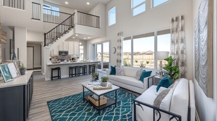 Open-concept modern living room, kitchen, and staircase in new home,  views of neighborhood