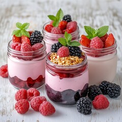 Healthy Berry Yogurt Dessert in Mini Jars: Wholesome, Gluten-Free Summer Snack with Fresh Raspberries and Blackberries