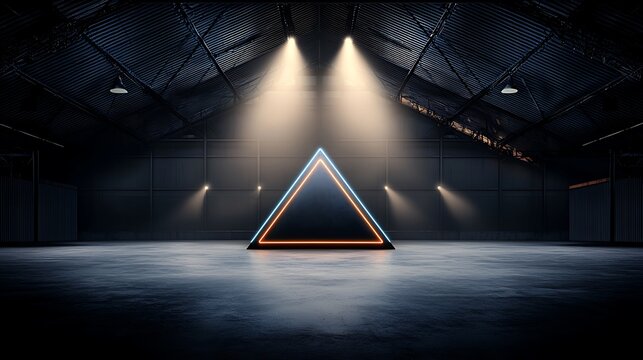 Neon Triangle in Industrial Warehouse.