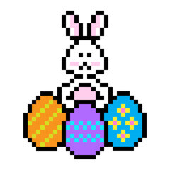 Fototapeta premium Pixel bunny Easter. Colorful eggs collection. Retro video style. Vector holiday theme.