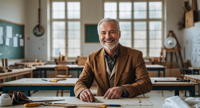 Smiling middle aged man in workshop classroom with tools teaching craftsmanship photography model