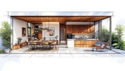 Open-plan modern kitchen sketch design, dining area, backyard view, architectural visualization