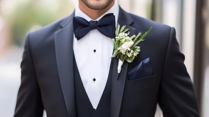 A classic black tuxedo with a navy blue bow tie and pocket square