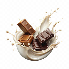 abstract 3d milk and chocolate splashes against each other isolated on white background