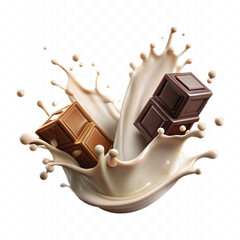 abstract 3d milk and chocolate splashes against each other isolated on white background