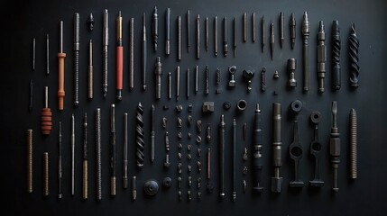 Obraz premium A collection of industrial drill bits arranged in a stylish layout on black