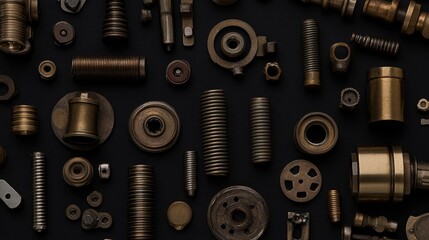 A collection of mechanical springs and precision-engineered parts on black