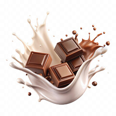 abstract 3d milk and chocolate splashes against each other isolated on white background