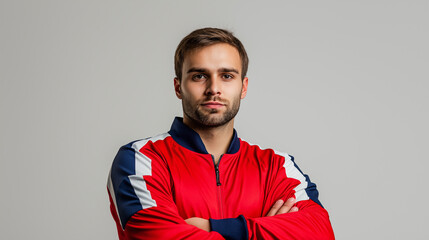 Fototapeta premium Confident soccer player in uniform, upper body shot, soft lighting, detailed textures and shadows. Strength and determination in focus.