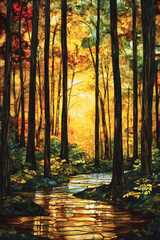 Obraz premium Nature's Sanctuary in Stained Glass: A Forest Bathes in Golden Radiance