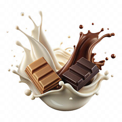 abstract 3d milk and chocolate splashes against each other isolated on white background