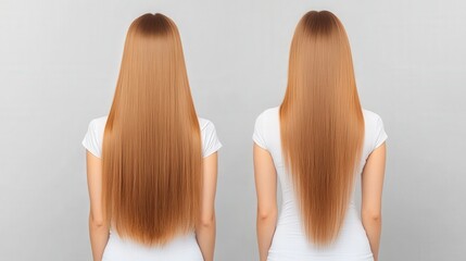 Women showing off straight, smooth hair indoors against a gray backdrop