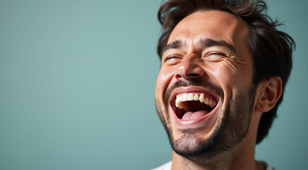 Closeup portrait of happy man laughing with wide open mouth against blue background