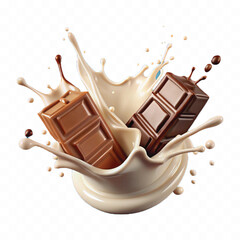 abstract 3d milk and chocolate splashes against each other isolated on white background