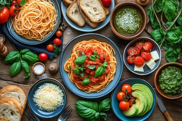 Italian Cuisine Stock Photo: Spaghetti with Tomato Sauce, Fresh Basil, and Artisanal Bread – Delicious Food Photography on a Wooden Table