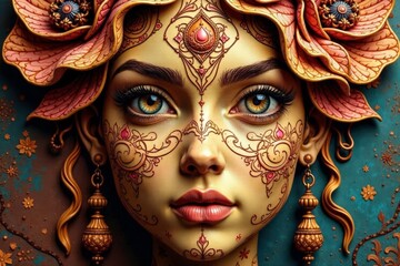 Intricate geometric face design etched in wood , illustration, surface