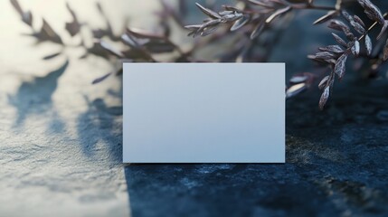 Blank business card on dark stone with plants