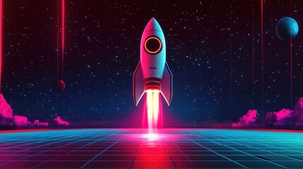 A futuristic digital rocket launch scene with glowing neon trails and a cosmic background