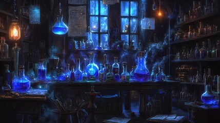 Magical Alchemy Lab Blue Potions Brew at Night.