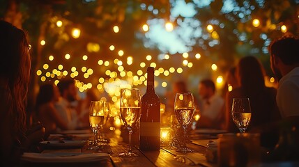 Bokeh lights of an outdoor party at night, with warm yellow and white bokeh lights creating a dreamy atmosphere
