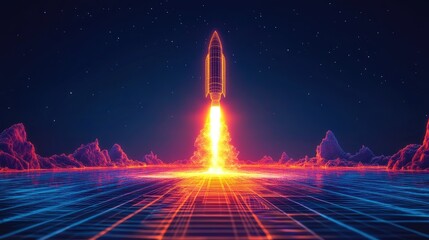 A glowing neon wireframe rocket blasting off from a futuristic digital landscape