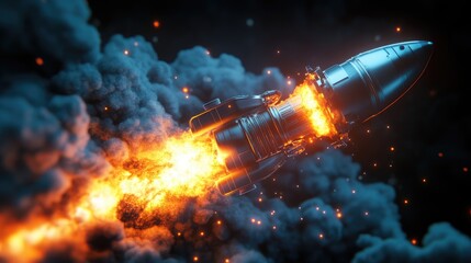 A glowing plasma rocket engine blasting off with realistic fire and smoke effects