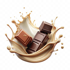 abstract 3d milk and chocolate splashes against each other isolated on white background