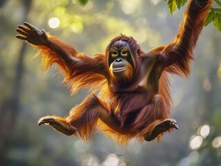 Naklejka premium Orangutan swinging in a jungle canopy at sunrise