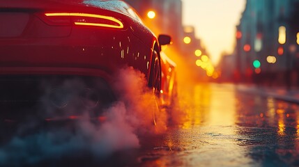 Close-up of a car exhaust pipe emitting smoke, with a red sporty vehicle driving on a city street at sunset.