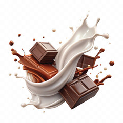 abstract 3d milk and chocolate splashes against each other isolated on white background