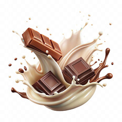 abstract 3d milk and chocolate splashes against each other isolated on white background