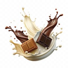 abstract 3d milk and chocolate splashes against each other isolated on white background